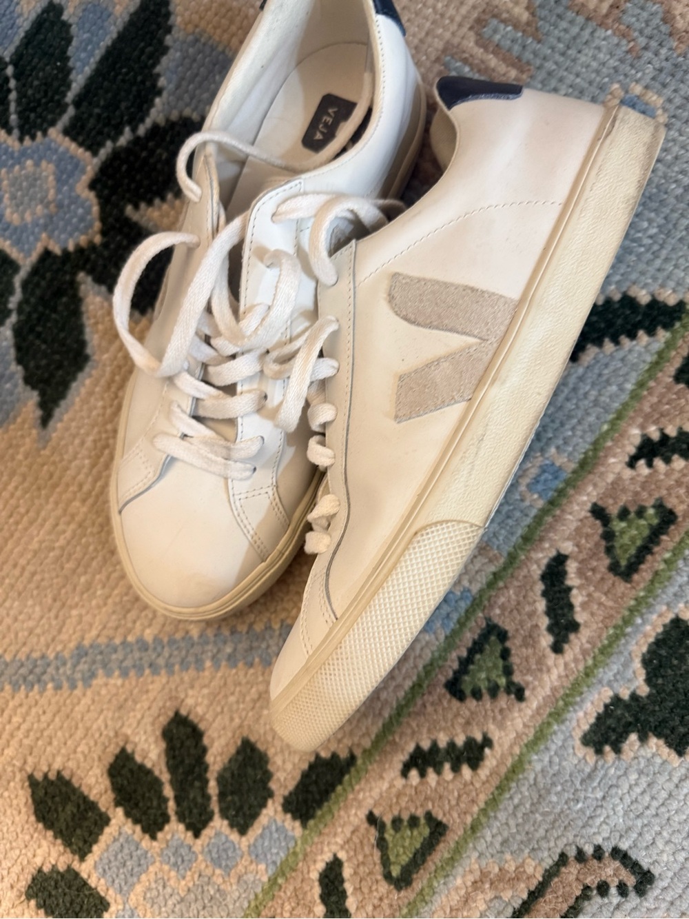 Veja White Leather Sneakers with Navy Heel Accent